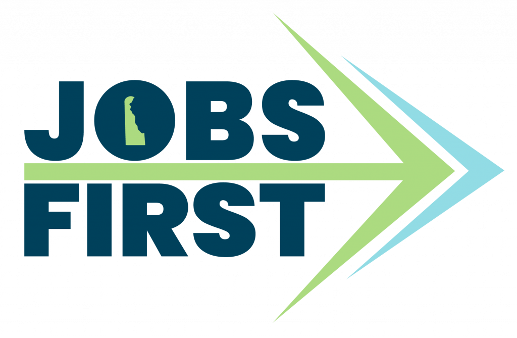 Jobs First logo. Jobs First text that includes the shape of Delaware in the "O" and an arrow point to the right.