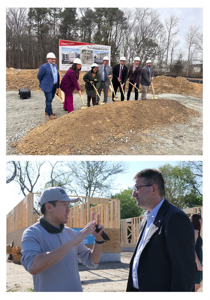 A collage with two picture stacked on top of each other. 

Top Picture:
Seven people, including Governor Matt Meyer, wearing hard hats and holding golden shovels in a mound of dirt behind a banner advertising the site of a new residential complex.

Bottom Picture:
Two men, including Governor Matt Meyer, at a construction site having a conversation in front of exposed frames of buildings.