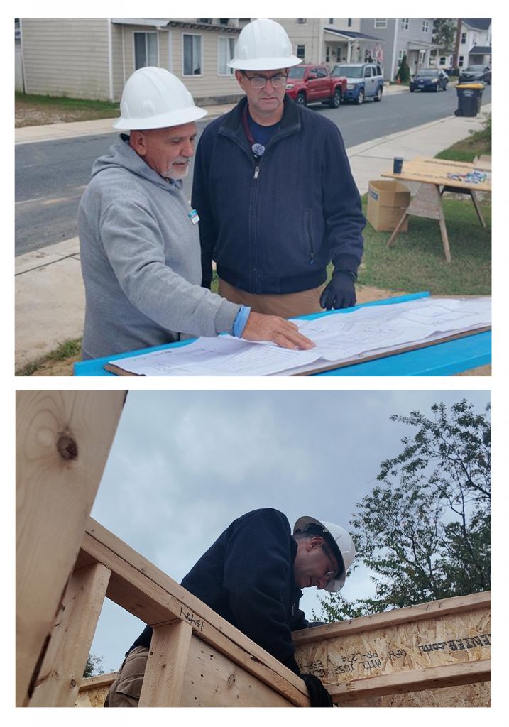 A collage with two picture stacked on top of each other. 

Top Picture:
Governor Matt Meyer being shown blueprint plans at a construction site for a new residential complex.

Bottom Picture:
Governor Matt Meyer in a white hardhat helping build the structural frame on a home at a construction site.