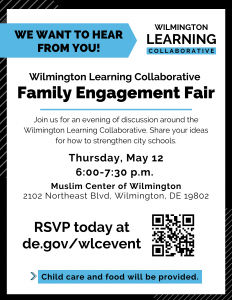 Event Flyer for a Wilmington Learning Collaborative Family Engagement Fair at the Muslim Center of Wilmington on May 12, 2022