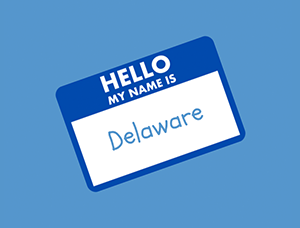 Name tag that says Hello My Name is Delaware