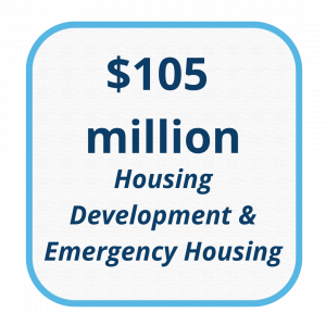 Graphic with blue border that says "105 million Housing Development & Emergency Housing"