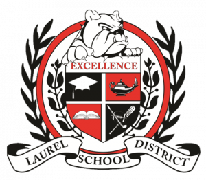Laurel School District Logo. Shows a bulldog standing over a crest with a banner that reads "Laurel School District" below. 