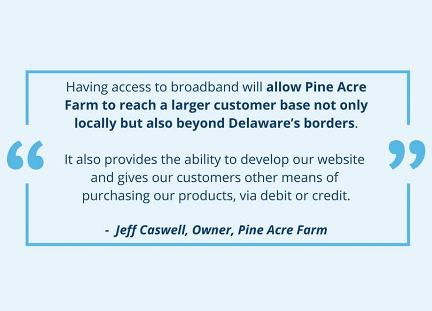 Having access to broadband will allow Pine Acre Farm to reach a larger customer base not only locally but also beyond Delaware's boarders. It also provides the ability to develop our website and gives our customers other means of purchasing our products, via debit or credit. Quote from Jeff Casewell, Owner Pine Acre Farm