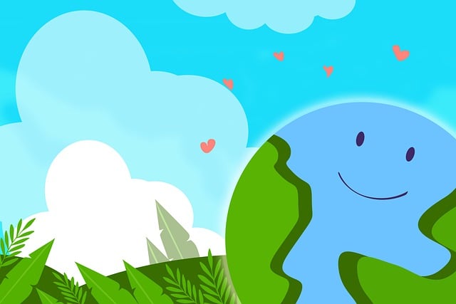 Earth Month celebratory graphic of Planet Earth smiling outside on a sunny day. 